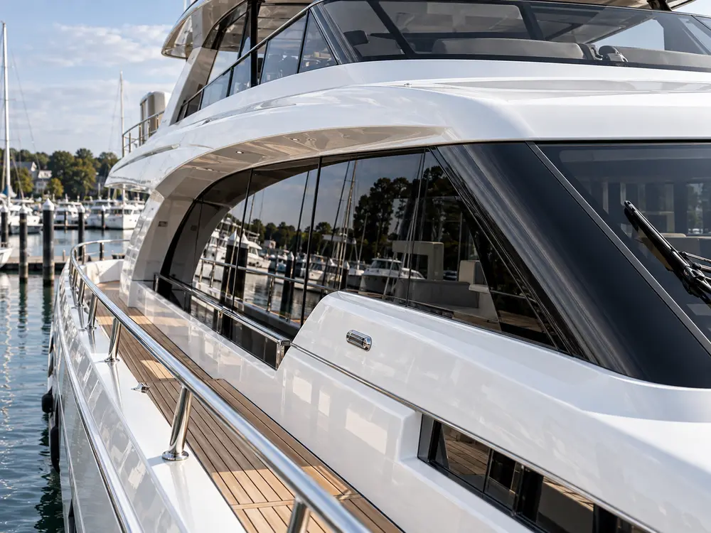 Weißer Yachtaufbau mit feinen Linien, Glas und Teak