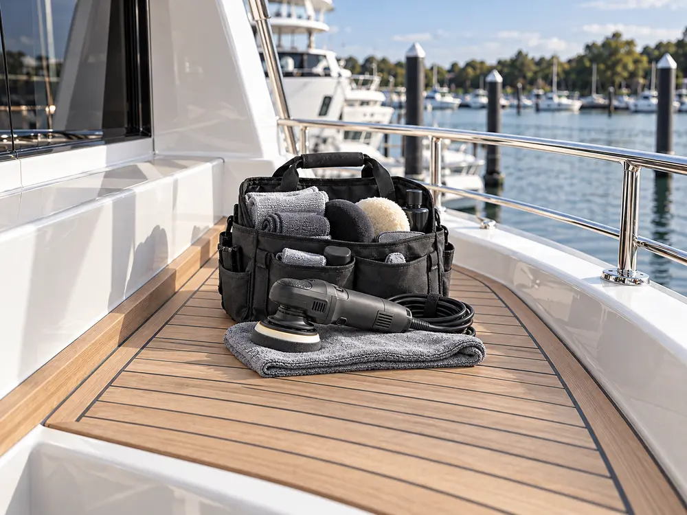 Professionelle Vorbereitung von Pflegewerkzeugen an einem Yachtdeck