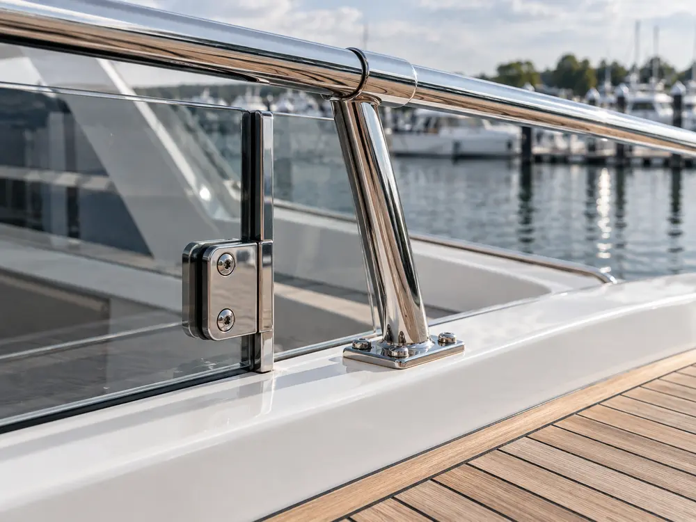 Materialdetails einer Yacht mit Edelstahl, Holz und Glas