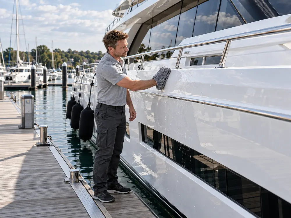 Materialgerechte Handreinigung am weißen Rumpf einer Yacht