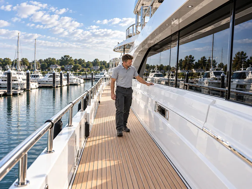 Ruhiger Kontrollgang über ein gepflegtes Yachtdeck