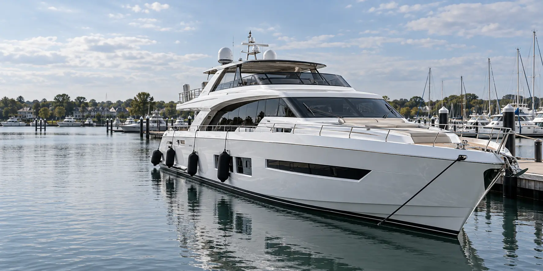 Gepflegte weiße Yacht am Liegeplatz mit sichtbaren Rumpf- und Deckflächen