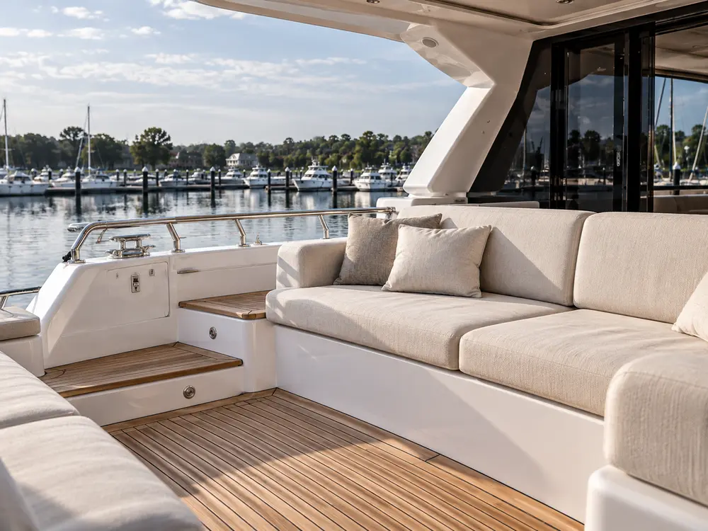 Einladender gepflegter Sitzbereich auf einer weißen Privatyacht