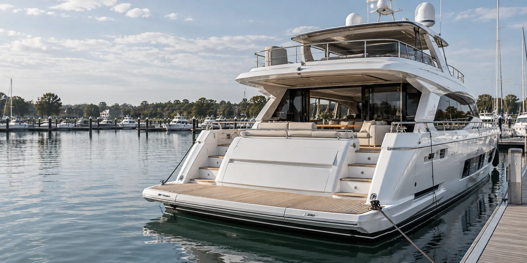 Weiße Privatyacht mit gepflegtem Deck und ruhiger Wasserfläche